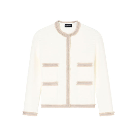 Emporio Armani Jackets White fringe trim crewneck blazer with welt pockets