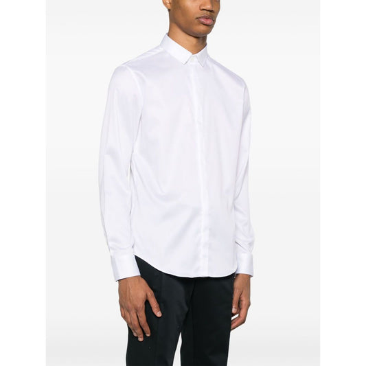 Emporio Armani shirt, white with concealed front, classic collar, long sleeves, buttoned cuffs, cotton, modeled at 6ft 1in wearing size 39