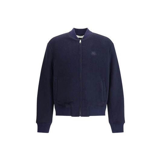 Etro Blue Wool Bomber jacket with ribbed collar, cuffs, hem, zipper closure, side pockets, and embroidered Pegasus logo.