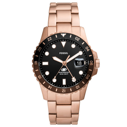 FOSSIL Mod. FS6027 wristwatch, rose gold stainless steel, 10 ATM water resistant, quartz movement, black dial with date function.
