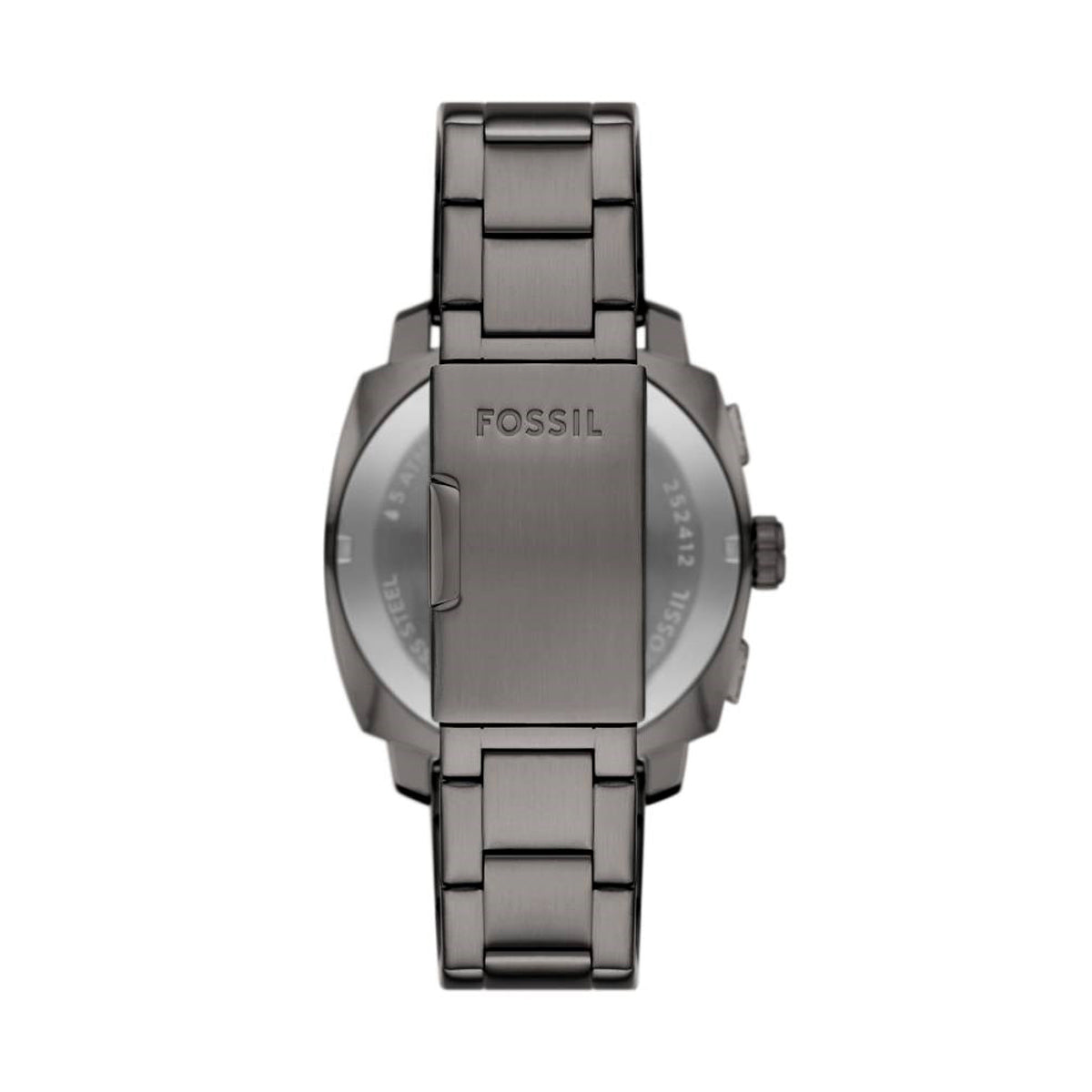 Back view of FOSSIL Mod. MACHINE gent's wristwatch with 44 mm case, displayed with official packaging.