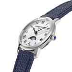 Elegant FREDERIQUE CONSTANT MOD. FC-206RS1S6 watch with blue leather strap and silver case showcasing moon phase feature.
