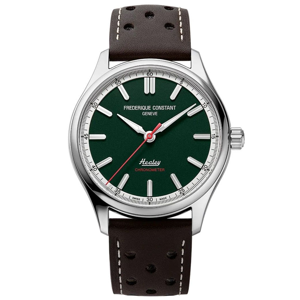 FREDERIQUE CONSTANT MOD. FC-301HGRS5B6 wristwatch with green dial and brown leather strap, showcasing elegant design and craftsmanship.