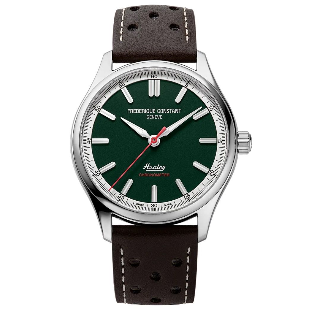 FREDERIQUE CONSTANT MOD. FC-301HGRS5B6 wristwatch with green dial and brown leather strap, showcasing elegant design and craftsmanship.