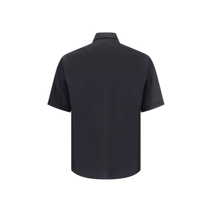 Fendi Black Cotton Shortsleeve Shirt with classic collar, concealed buttons, and zippered patch pocket, back view
