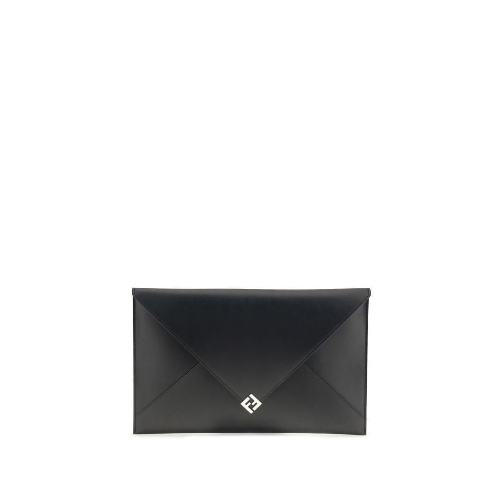 Fendi Black Leather Clutch Bag with squared FF design and practical cuff handle, featuring snap-button closure and card slots.