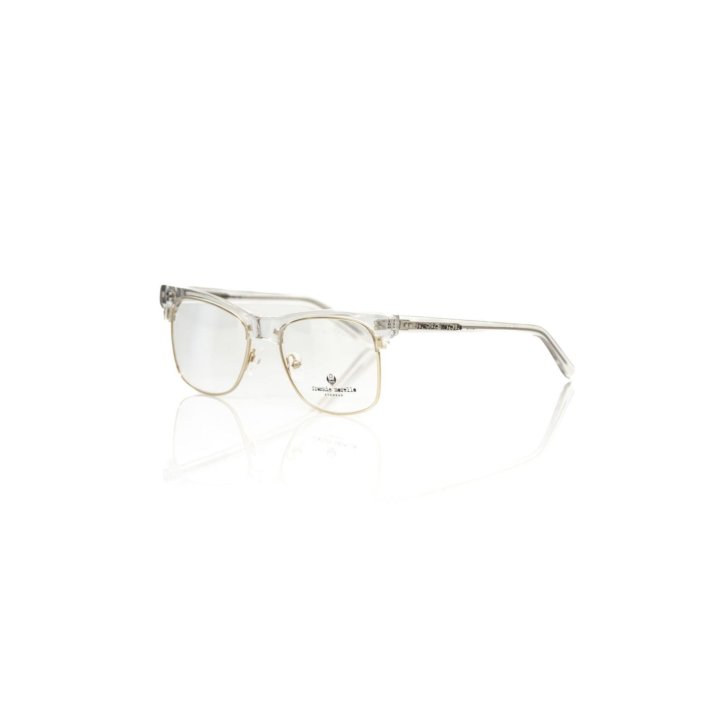 Frankie Morello Gold Metallic Unisex Eyeglass Frame with transparent temples and logo detail.