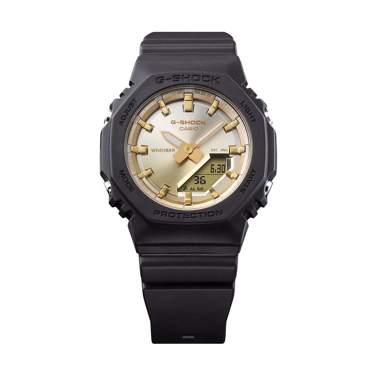 G-SHOCK Mod. OAK COMPACT SUNSET GLOW SERIE - GOLD wristwatch with gold dial, black resin strap, 20 ATM water resistance, quartz movement.