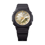 G-SHOCK Mod. OAK COMPACT SUNSET GLOW SERIE - GOLD wristwatch with gold dial, black resin strap, 20 ATM water resistance, quartz movement.