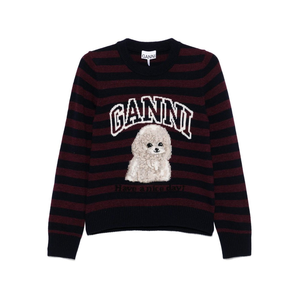 GANNI Sweaters Bordeaux - midnight blue crewneck sweater with ribbed trim, horizontal stripes, and poodle design in wool