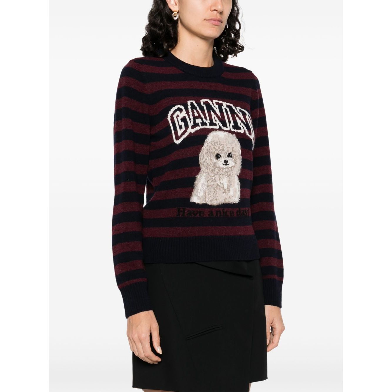 Woman wearing GANNI Sweaters Bordeaux, midnight blue striped poodle wool crewneck with ribbed trim and long sleeves.