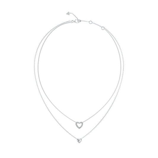 Alt Tag: GUESS JEWELS JEWELRY Mod. JUBN05026JWRHT-U featuring a double heart silver necklace design.