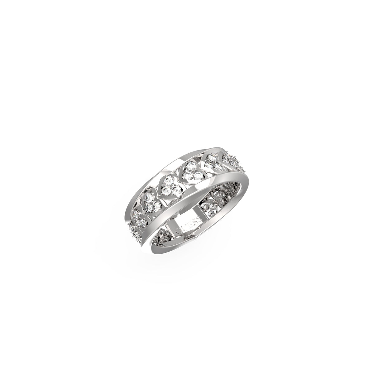 GUESS JEWELS JEWELRY Mod. JUBR04605JWRH54 silver ring with crystal embellishments displayed on a white background.