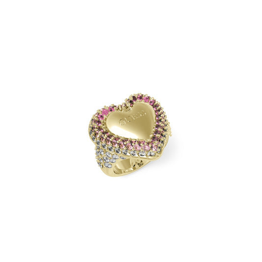 GUESS JEWELS JEWELRY Mod. JUBR05009JWYGPK58 heart-shaped gold ring with pink and clear stones