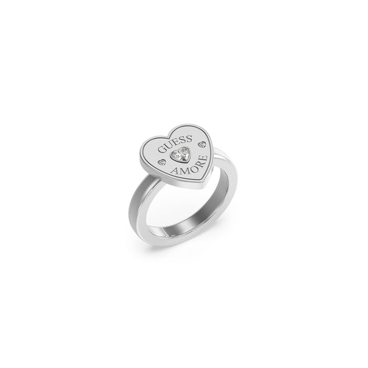 GUESS JEWELS JEWELRY Mod. JUBR05059JWRH56 heart-shaped ring with "Guess Amore" engraving and crystal details, elegant design.