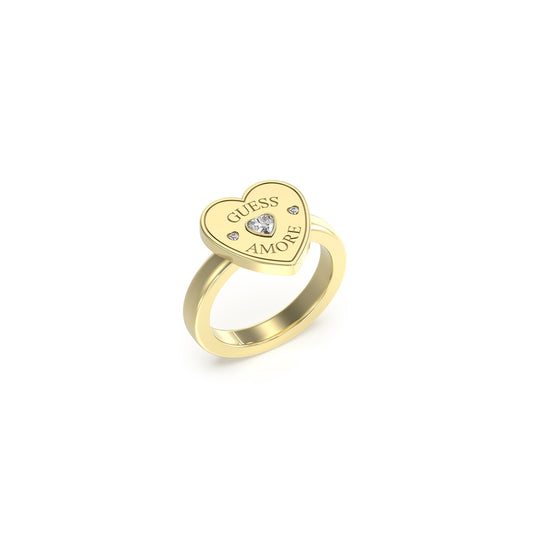 GUESS JEWELS JEWELRY Mod. JUBR05059JWYG54 heart-shaped gold ring with "GUESS AMORE" engraving and crystal detail