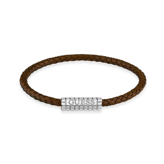 GUESS JEWELS JEWELRY Mod. JUMB05035JWSTBWS brown braided bracelet with silver engraved clasp.
