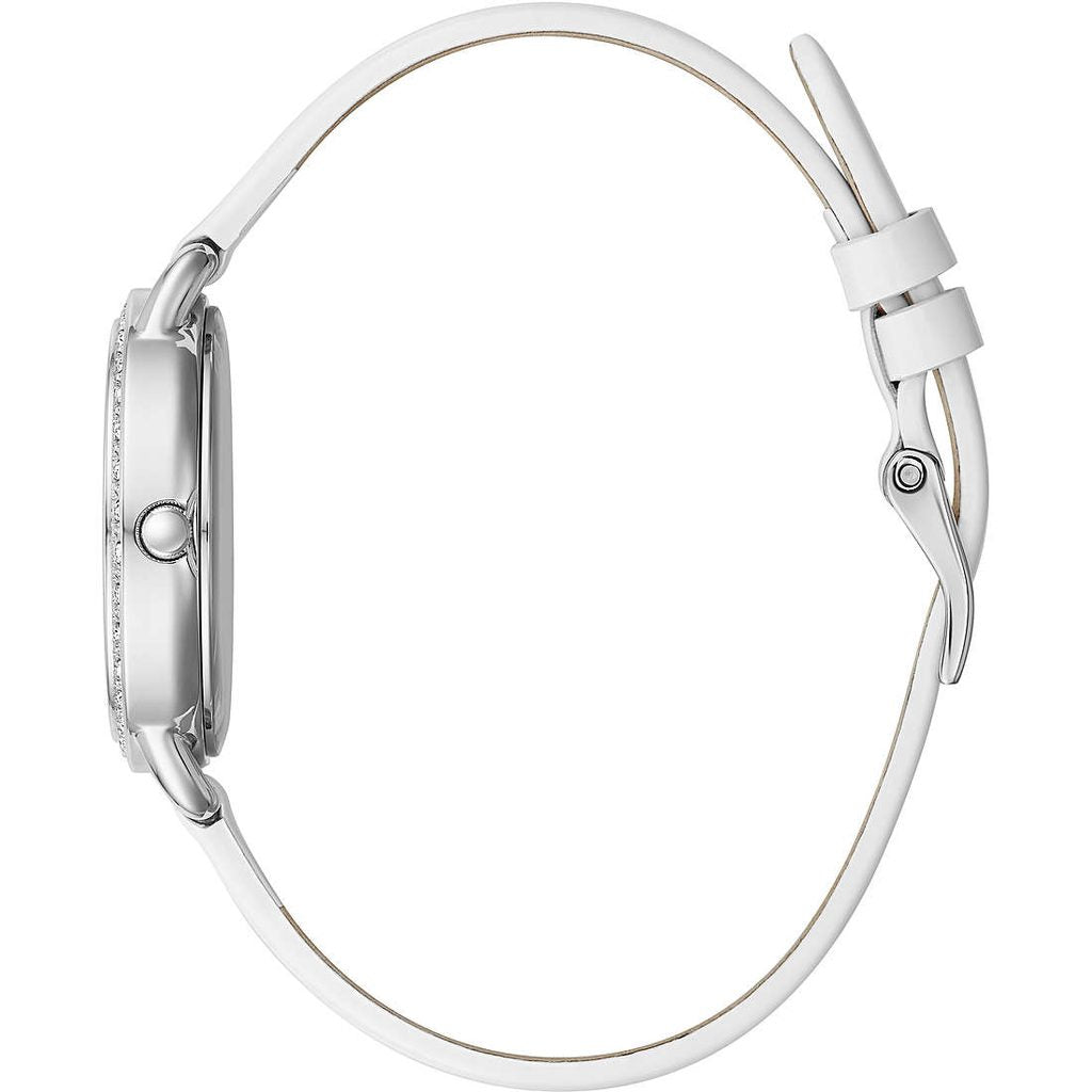 Side view of GUESS Mod. GW0099L1 women's watch with silver 925° case and white band, official box packaging.