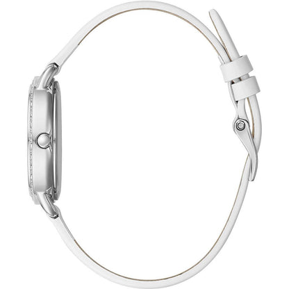 Side view of GUESS Mod. GW0099L1 women's watch with silver 925° case and white band, official box packaging.