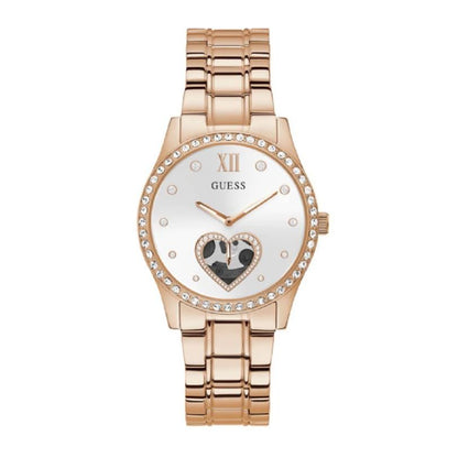 Rose gold GUESS Mod. GW0380L3 quartz analog lady's watch with crystal accents and heart detail, water resistant, 38mm case.