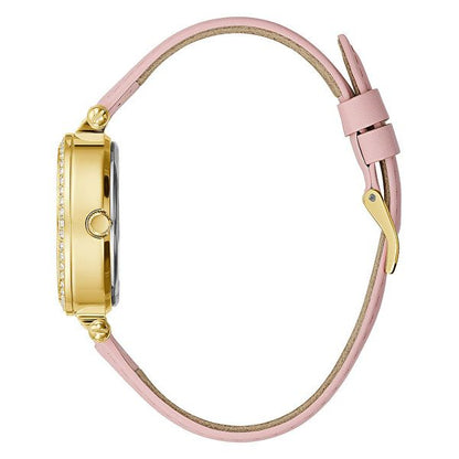 Side view of GUESS Mod. GW0382L1 quartz analog watch with pink strap, gold case, silver 925° material in official packaging