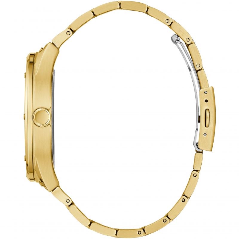Side view of GUESS Mod. GW0454G2 gent's watch with gold-tone casing and bracelet, quartz movement, and 5 ATM water resistance.