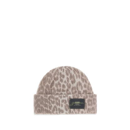 Ganni Beige Wool Beanie with leopard print, ribbed design, and logo patch, perfect winter accessory. AW25 collection, 100% wool.