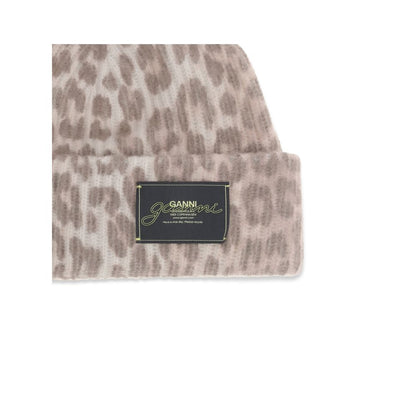 Ganni Beige Wool Beanie with leopard pattern and logo patch, ribbed design for comfort, perfect for winter. Composition: 100% Wool.