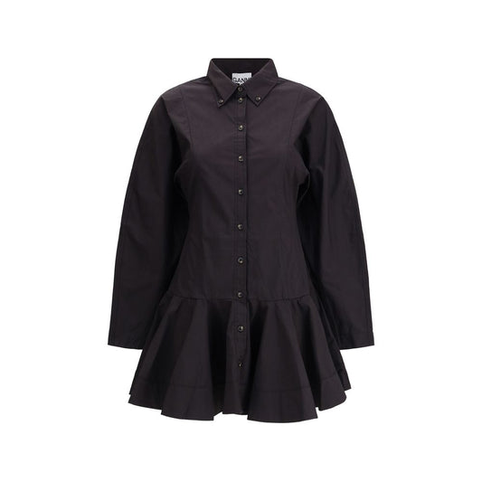 Ganni Black Cotton Casual Dress with long sleeves, classic collar, front button closure, low waist, and gathered hemline for a feminine touch.