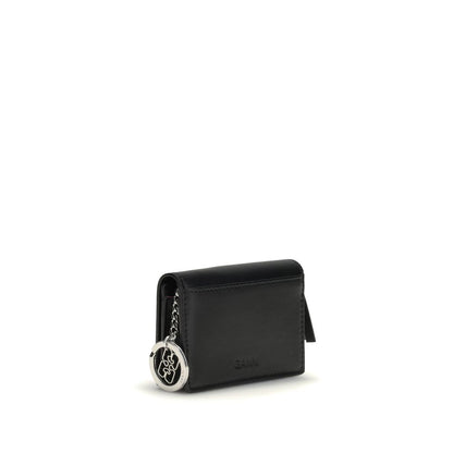 Ganni Black Recycled Leather Wallet with puppy print and silver key ring, featuring Ganni Butterfly logo, practical and stylish design.