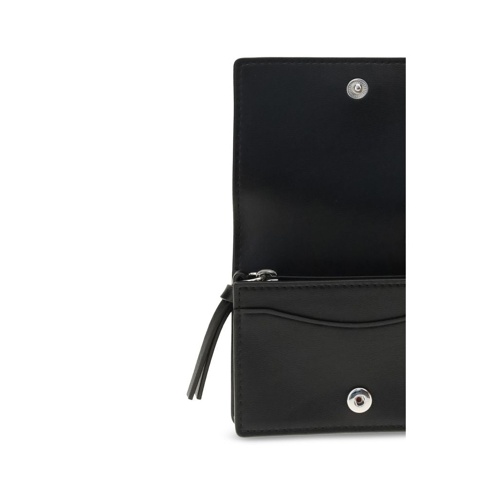 Open view of Ganni Black Recycled Leather Wallet showing interior compartments with silver button closure, perfect blend of style and utility.