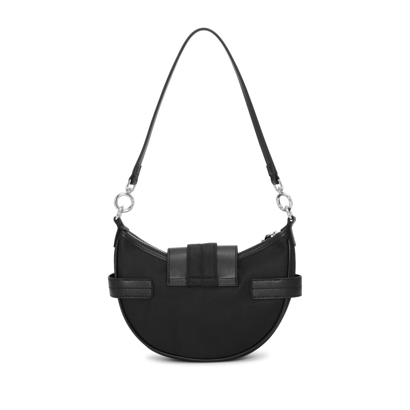 Ganni Bucky Small Shoulder Bag in black recycled nylon with embossed logo, front buckle, and adjustable strap, sustainable fashion accessory.
