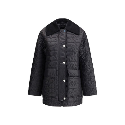 Ganni Gray Nylon Coat with corduroy collar, zipper and snap closure, and front patch pockets, perfect for winter style and warmth.