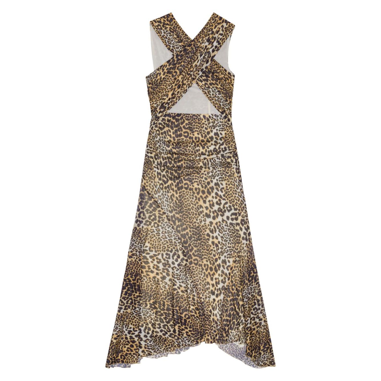 Ganni Leopard Marl Mesh Long Ruched Crossover Dress