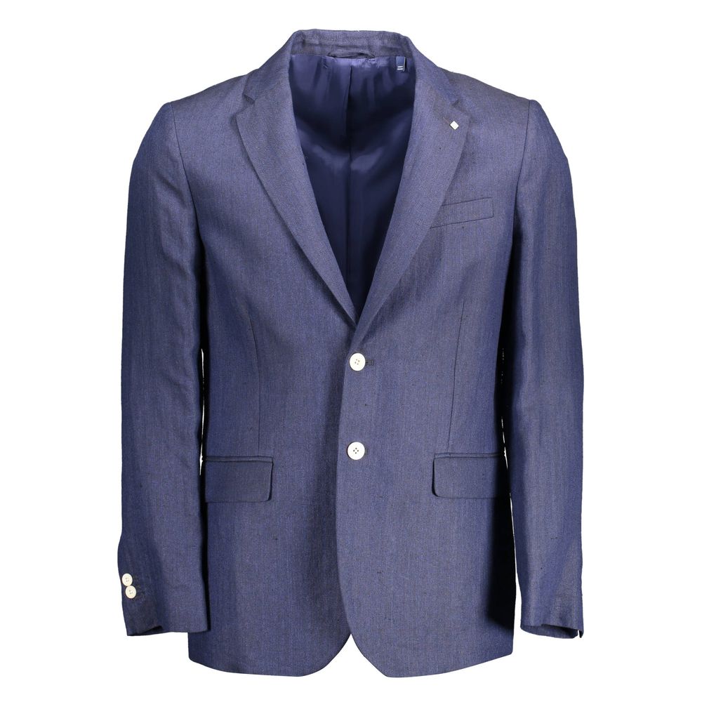 Gant Blue Linen Men Jacket with long sleeves, two-button closure, and pockets, featuring the signature Gant logo for sophisticated style.