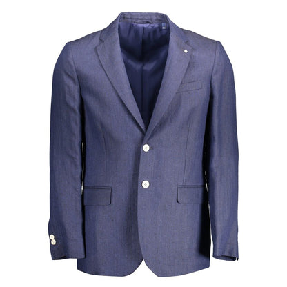Gant Blue Linen Men Jacket with long sleeves, two-button closure, and pockets, featuring the signature Gant logo for sophisticated style.