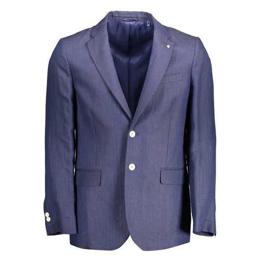Gant Blue Linen Men Jacket with long sleeves, two-button closure, and pockets, featuring the signature Gant logo for sophisticated style.