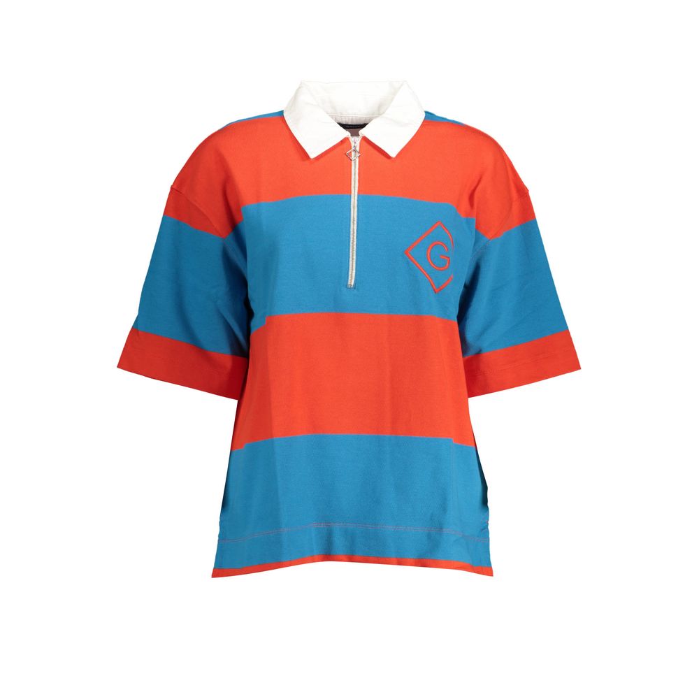 Gant Red Cotton Women Polo Shirt with blue stripes and zipper, featuring Gant logo. Casual chic organic cotton top for modern women.
