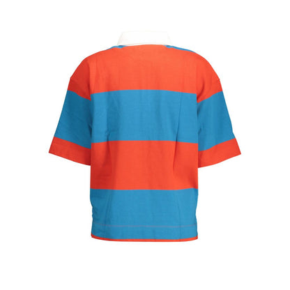 Orange and blue striped short-sleeve polo shirt, back view.