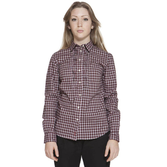 Gant Rosso Cotton Women Shirt in red and black plaid pattern, long sleeves, button-up front, showcased on model.