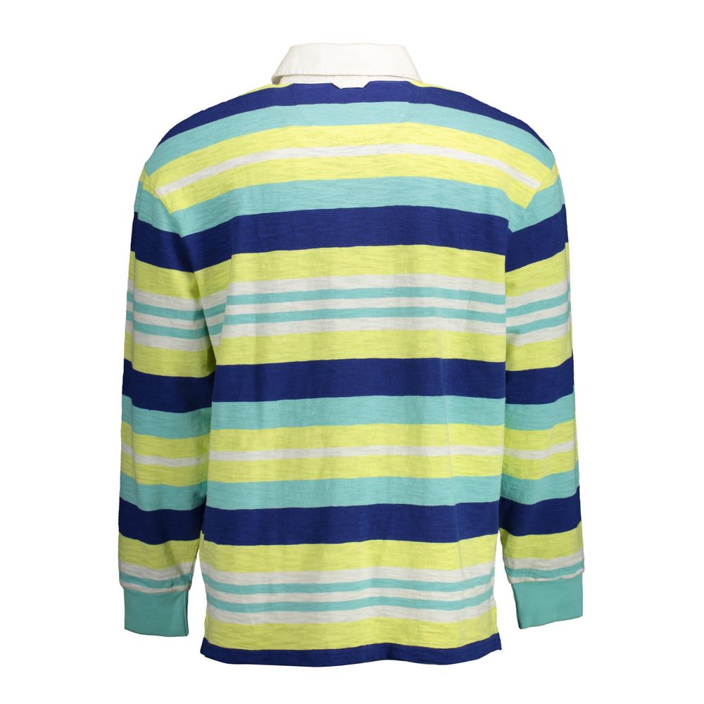 Back view of a colorful striped long-sleeve polo shirt with shades of blue, green, and yellow, featuring a classic collar and cuffs.
