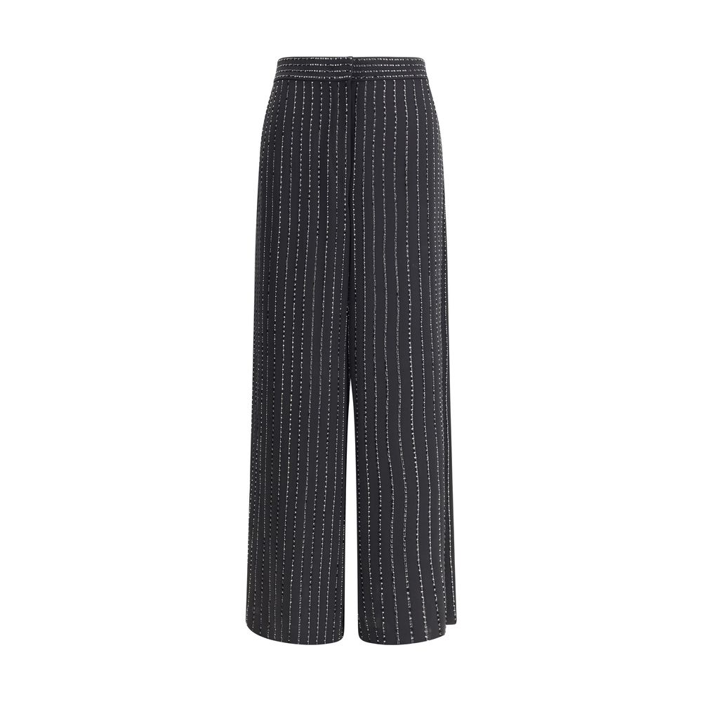 Giorgio Armani Black Silk Casual Pants with wide-leg fit and tone-on-tone pinstripe embroidery, ideal for elegant and sophisticated looks.
