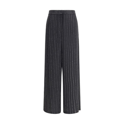 Giorgio Armani Black Silk Casual Pants with wide-leg fit and tone-on-tone pinstripe embroidery, ideal for elegant and sophisticated looks.