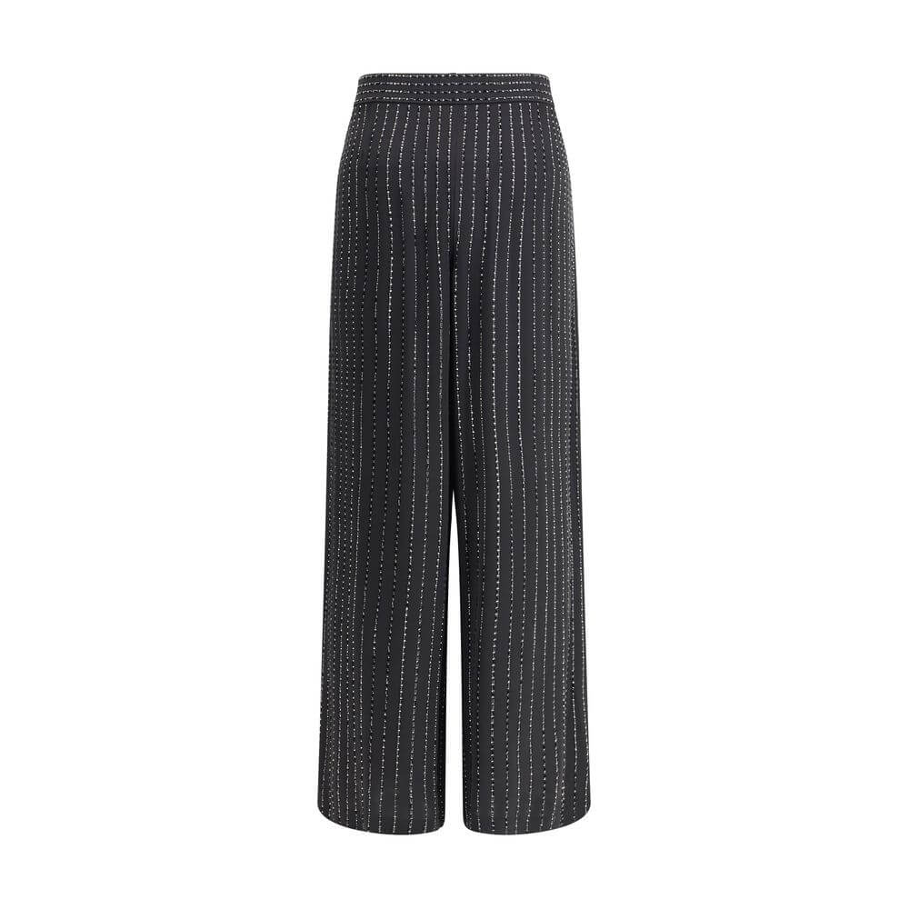 Giorgio Armani Black Silk Casual Pants with wide-leg design, tone-on-tone embroidery, and luminous pinstripe pattern.