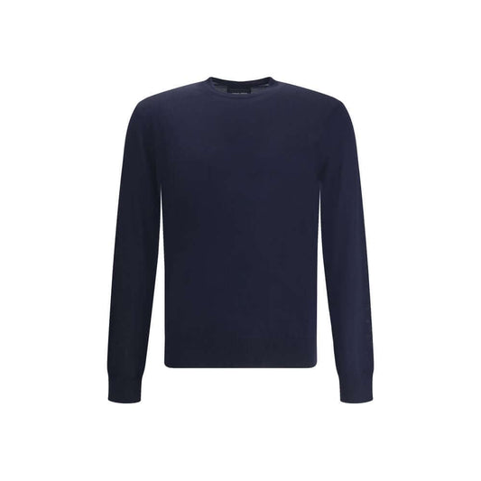 Giorgio Armani Blue Fleece Wool Sweatshirt with ribbed cuffs and hem, featuring a classic crew neck for a sophisticated look.