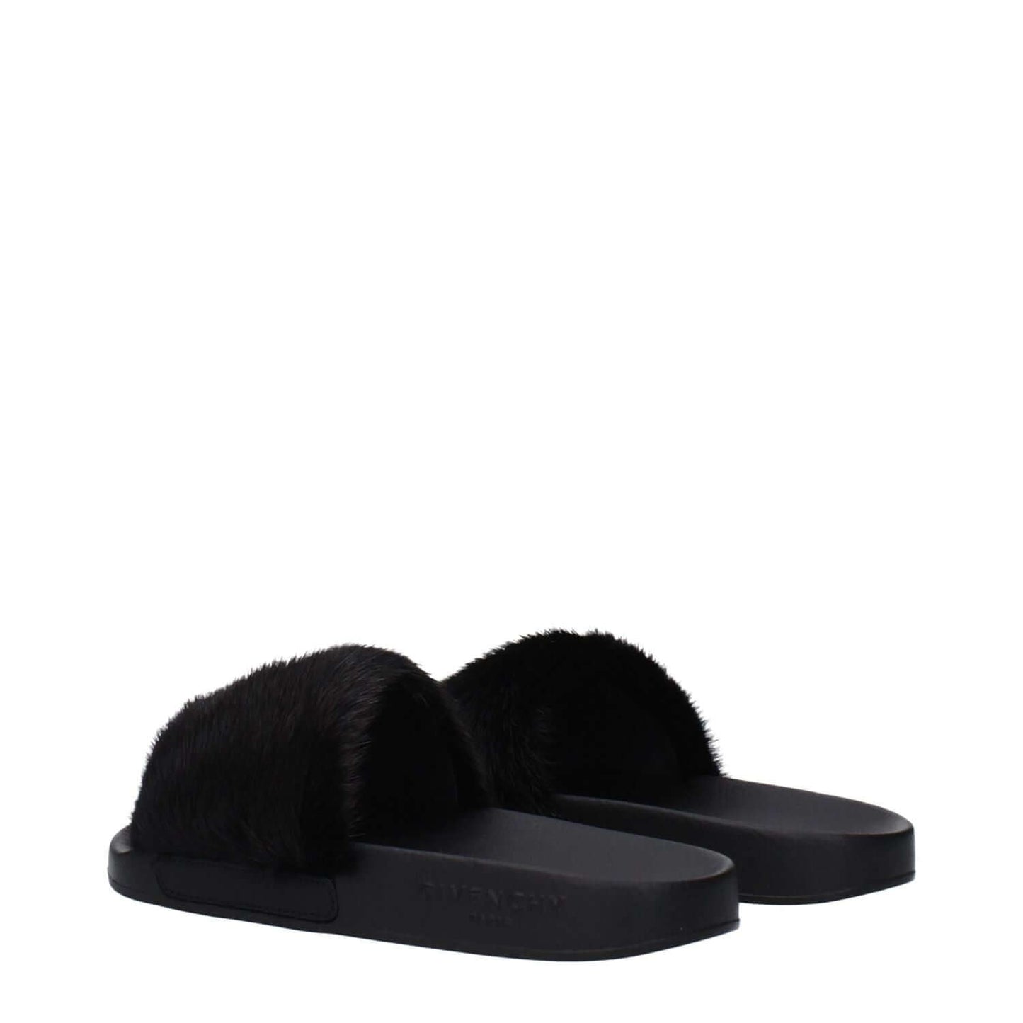 Givenchy Black Cotton Slippers with fur design, side logo, rubber sole, and open toe style. Casual low flat heel slippers.