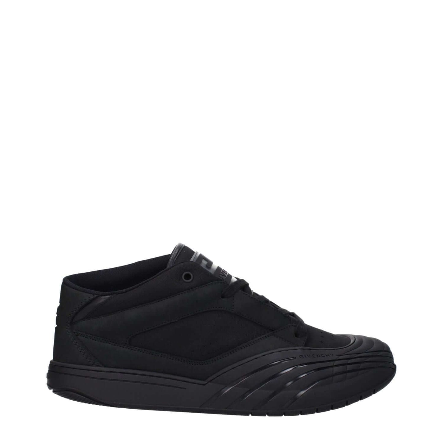 Givenchy Black Fabric Low Top Sneakers with front, side, and back logos, lace-up closure, rubber sole, round toe, low-flat heel design.