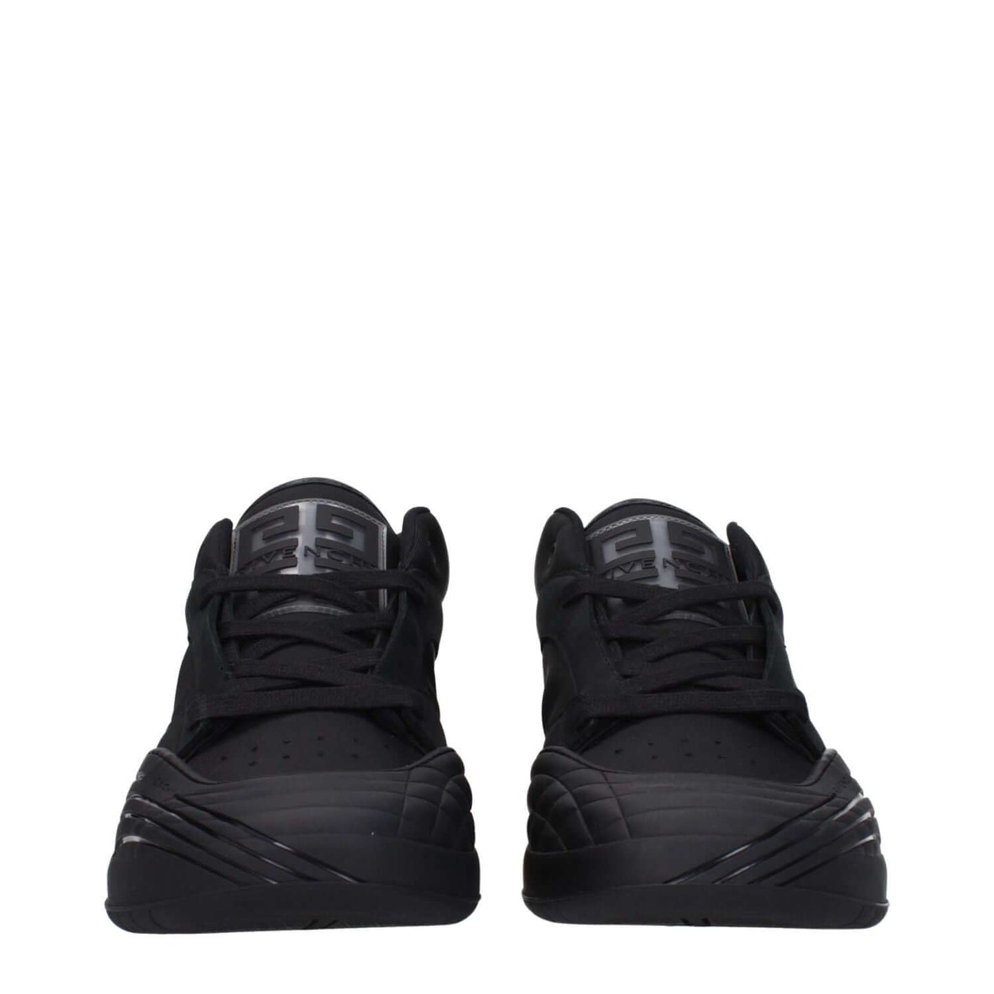 Givenchy Black Fabric Low Top Sneakers with logos and lace-up closure, shown from front view.