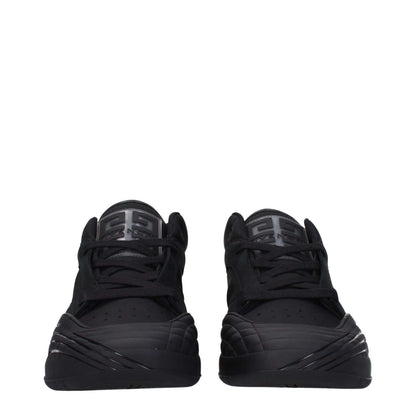 Givenchy Black Fabric Low Top Sneakers with logos and lace-up closure, shown from front view.