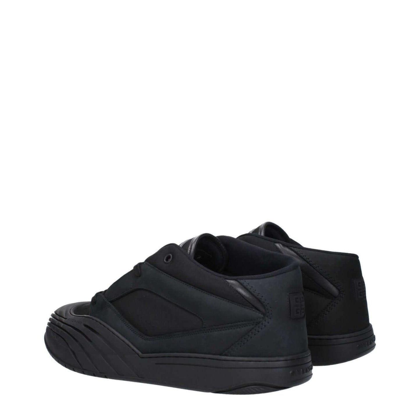 Givenchy Black Fabric Low Top Sneakers with side and back logos, rubber sole, and lace-up closure, featuring a round toe and low heel.